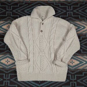 Vintage Hand Knitted Oversized Fisherman Style Cardigan Sweater Cream Large
